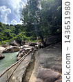 Rocky trail beside a flowing river in a tropical forest 143651980