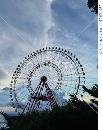Ferris wheel rising above green trees against a cloudy sky Ferris wheel rising above green trees against a cloudy sky 143651985