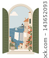 Mediterranean Coastal Village View Through an Open Arched Window with Olive Green Shutters. Flat Vector Illustration 143652093