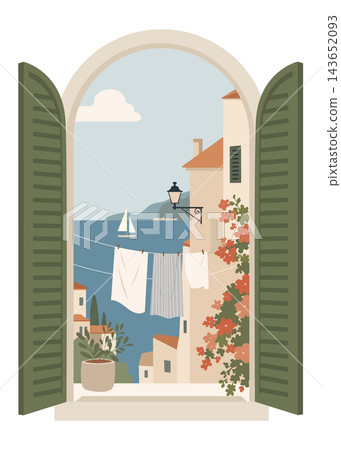 Mediterranean Coastal Village View Through an Open Arched Window with Olive Green Shutters. Flat Vector Illustration Mediterranean Coastal Village View Through an Open Arched Window with Olive Green Shutters. Flat Vector Illustration 143652093