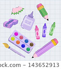 Scattered school art supplies flat illustration with paint palette brush glue pencil crayons on grid background for classroom craft design purposes in pastel colors and playful composition 143652913