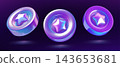 Reward coins with stars 3D icons in iridescent holographic colors isolated on dark background.  143653681