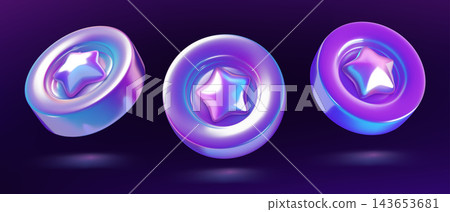 Reward coins with stars 3D icons in iridescent holographic colors isolated on dark background. Reward coins with stars 3D icons in iridescent holographic colors isolated on dark background. 143653681