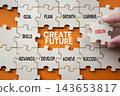 Create future symbol. Concept words create future on wooden puzzle pieces. Businessman hand. Beautiful orange background. Career development concept. Copy space. 143653817