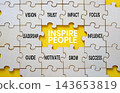 Inspire people symbol. Concept words inspire people on puzzle pieces. Leadership and people development concept. Yellow background. Copy space. 143653819