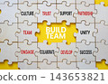 Build team symbol. Concept words build team on puzzle pieces. Team building and collaboration concept. Yellow background. Copy space. 143653821