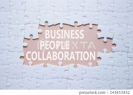 Business People Collaboration symbol. White puzzle with words Business People Collaboration. Beautiful pink background. Business concept. Copy space. 143653832