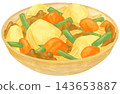 一幅擺放在盤子裡的肉馬鈴薯燉菜（nikujaga）的插圖。 143653887