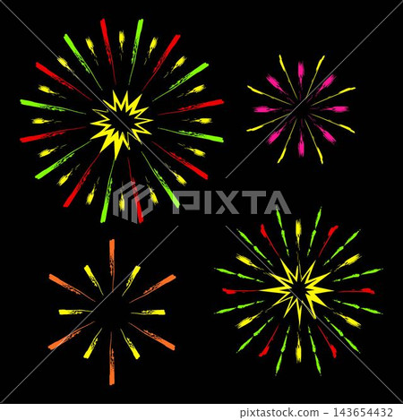 Outline icon of fireworks, pyrotechnics explosion painted with brush strokes in grunge style. Vivid neon colors. Design element isolated on black for various holiday decorations Outline icon of fireworks, pyrotechnics explosion painted with brush strokes in grunge style. Vivid neon colors. Design element isolated on black for various holiday decorations 143654432