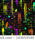 Abstract seamless pattern with outline silhouette of brick wall. Neon fluorescent ink splatters, paint drips, smeared strokes of paint. Grunge style. 143654540