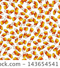 Seamless pattern with candy corn scattered evenly across clean transparent background. Traditional Halloween sweets. Medium density composition. Perfect for gift wrap, party decorations, fabric prints 143654541