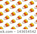 Sparse seamless Halloween pattern with candy corn sweets arranged diagonally on transparent background. Non overlapping, medium density geometric design for gift wrap, fabric prints. 143654542