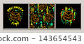 Halloween pattern, labels with traditional carved pumpkin, jack lantern. Neon fluorescent paint strokes, ink splatters, paint drips. Grunge style for holiday design 143654543