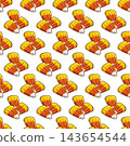 Seamless Halloween pattern with candy corn sweets grouped by 3 pieces arranged diagonally on transparent background. Non overlapping, medium density geometric design for holiday decoration 143654544