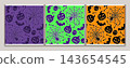Set of various colored seamless patterns with silhouette of Halloween symbols. Pumpkin head, spiderweb, bat, skull in simple flat style. For holiday, party decorations, gift wrap, fabric prints 143654545