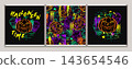Halloween pattern, compositions with traditional carved pumpkin, human skull. Neon fluorescent paint strokes, ink splatters, paint drips, brick wall silhouette. Grunge style for holiday design 143654546