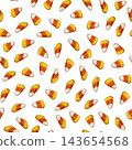 Sparse seamless Halloween pattern with scattered candy corn sweets on transparent background. Scattered composition. 143654568