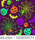 Seamless pattern with silhouette of Halloween symbols. Pumpkin head, spiderweb, bat, skull in neon fluorescent colors. Simple flat design for holiday decorations. 143654573