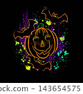 Halloween composition with traditional carved pumpkin with cute baby face, flying bats. Neon fluorescent ink splatters, paint drips, blots around. Grunge style for t shirt design. Isolated on black 143654575
