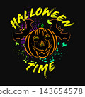 Halloween label with traditional carved pumpkin with cute baby face, bats, text Halloween time. Neon fluorescent ink splatters, paint drips around. Grunge style for t shirt design. Isolated on black 143654578