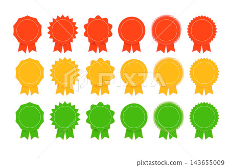 Medal set with ribbon. Trophy award badges, achievement flat label. Vector 143655009