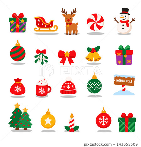 Flat Christmas set featuring snowman, reindeer, sleigh, presents, ornaments, and winter.Vector Illustration Flat Christmas set featuring snowman, reindeer, sleigh, presents, ornaments, and winter.Vector Illustration 143655509