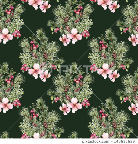 Fir twigs, red berries and soft pink blooms watercolor seamless pattern on dark background. Winter botanical backdrop of cranberry and coniferous branch. Repeat design for holiday surface decor. Fir twigs, red berries and soft pink blooms watercolor seamless pattern on dark background. Winter botanical backdrop of cranberry and coniferous branch. Repeat design for holiday surface decor. 143655689