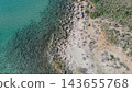 Top down aerial view of rocky coast meeting clear turquoise sea water revealing seabed patterns and coastal vegetation in Greece for background 143655768