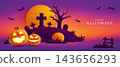 Paper Graphic Style Halloween Theme Banner with Group of Jack O Lantern 143656293
