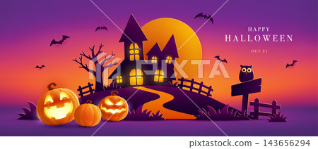Paper Graphic Style Halloween Theme Banner with Group of Jack O Lantern Paper Graphic Style Halloween Theme Banner with Group of Jack O Lantern 143656294