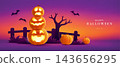 Paper Graphic Style Halloween Theme Banner with Group of Jack O Lantern 143656295