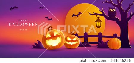 Paper Graphic Style Halloween Theme Banner with Group of Jack O Lantern Paper Graphic Style Halloween Theme Banner with Group of Jack O Lantern 143656296