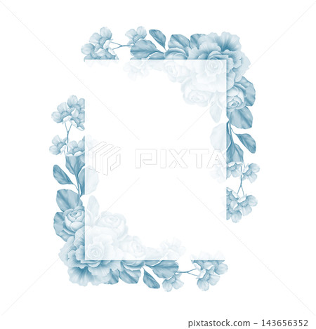 Delicate pale blue flowers and soft foliage form an airy ornamental frame with an open center. Gentle blue tones and graceful botanical details create an elegant, romantic design for invitations and Delicate pale blue flowers and soft foliage form an airy ornamental frame with an open center. Gentle blue tones and graceful botanical details create an elegant, romantic design for invitations and 143656352