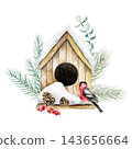 Watercolor winter wooden birdhouse with bullfinch bird isolated on white background. Hand drawn Christmas arrangement illustration for holiday greeting cards. Detailed pine branch, cone, berry and euc 143656664