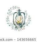 Watercolor vintage lantern with eucalyptus wreath and cotton. Hand drawn rustic lamp illustration for cozy Christmas and autumn greeting cards. Detailed realistic retro light template for modern eco b 143656665