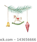 Watercolor Christmas fir branch with vintage toys isolated on white background. Hand drawn festive ornament illustration for New Year greeting cards. Retro rocking horse and golden bell clipart. Colle 143656666
