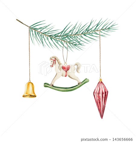 Watercolor Christmas fir branch with vintage toys isolated on white background. Hand drawn festive ornament illustration for New Year greeting cards. Retro rocking horse and golden bell clipart. Colle 143656666