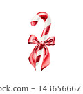 Watercolor Christmas candy cane with red ribbon bow. Hand drawn traditional holiday sweet food illustration for New Year, lollipop with satin bow, menu design isolated on whit 143656667