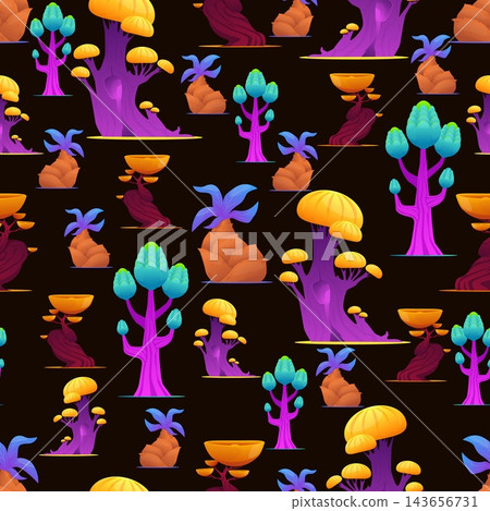 Fantastic forest with bright glowing trees and plants seamless pattern. Decor textile, wrapping paper, wallpaper. Print for fabric. Alien mushrooms. Vector cartoon isolated illustration Fantastic forest with bright glowing trees and plants seamless pattern. Decor textile, wrapping paper, wallpaper. Print for fabric. Alien mushrooms. Vector cartoon isolated illustration 143656731