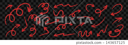 Red arrows with pen texture. Grunge wavy, spiral, circle and curve lines. Doodle pencil texture elements. Vector set on transparent background Red arrows with pen texture. Grunge wavy, spiral, circle and curve lines. Doodle pencil texture elements. Vector set on transparent background 143657125