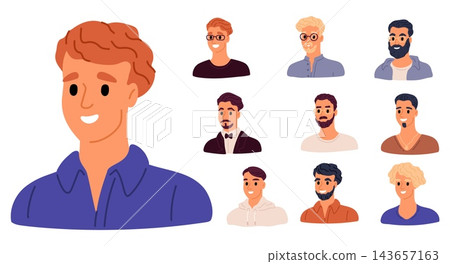 Male portraits. Avatars of people. Cartoon characters and man figures featuring various mustaches, beards, stylish hairstyles and glasses. Happy persons smiling. Human faces vector set Male portraits. Avatars of people. Cartoon characters and man figures featuring various mustaches, beards, stylish hairstyles and glasses. Happy persons smiling. Human faces vector set 143657163