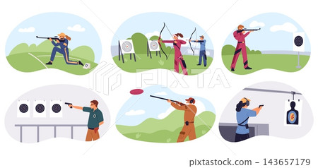 Characters from world of competitive shooting. Cartoon figures with weapons aiming targets. Athletes with bows, pistols and rifles. Sniper training. Shooting range. Vector shooters set 143657179
