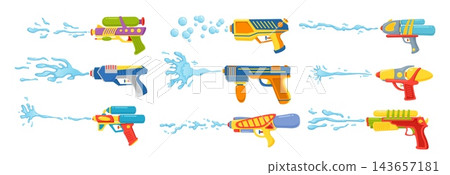 Childrens water guns. Plastic toy weapons. Kids summer games. Splashes and streams of aqua. Active outdoor fun. Songkran party. Liquid flow from plastic riffle. Songkran party vector set 143657181