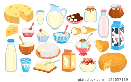 Various dairy products. Cartoon milky food. Cottage cheese. Butter and sour cream. Milk bottles, pitchers and glasses. Organic yoghurt. Calcium ingredient. Healthy farm dishes vector set 143657189