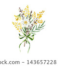 Watercolor spring bouquet with mimosa and pussy willow. Hand drawn botanical illustration isolated on background for Mothers Day greeting card. Daffodil and narcissus floral arrangement. Festive sprin 143657228