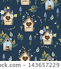 Birdhouse seamless pattern. Spring mimosa, muscari, daffodil flowers. Watercolor Eurasian blue tit perche, easter illustration isolated on background, transparent png. Vintage clip art. For greeting c 143657229