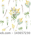 Watercolor spring seamless pattern, bouquet with mimosa and pussy willow. Hand drawn botanical illustration isolated on background for Mothers Day greeting card. Daffodil and narcissus floral arrangem 143657230
