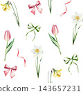 Watercolor spring seamless pattern with tulips, daffodils and narcissus. Hand drawn botanical background texture with ribbon bows for holiday gift wrapping paper. Delicate spring blossom repeat print  143657231