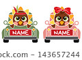 Cute turkey truck name frame vector set. 143657244