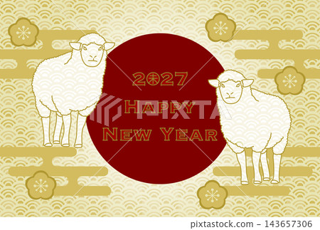 2027年羊年新年賀卡插圖:兩隻羊、梅花和日本傳統圖案。 2027年羊年新年賀卡插圖:兩隻羊、梅花和日本傳統圖案。 143657306